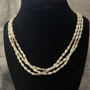 Vintage Mother Of Pearl, 3-Strand Beaded Necklace 18", Gold Tone Beads